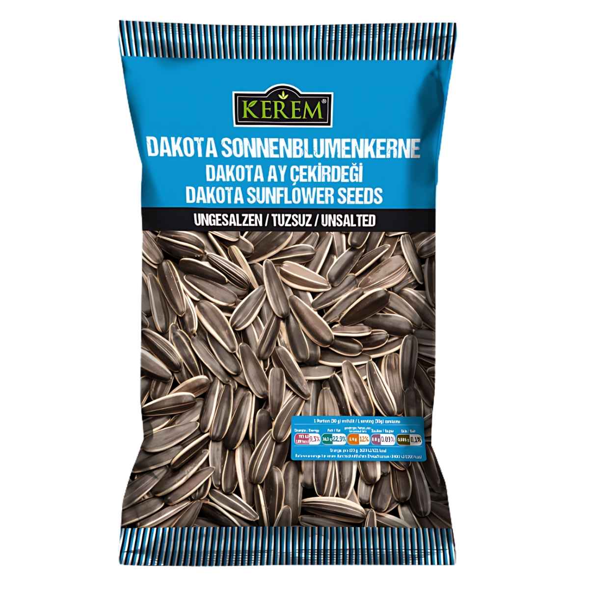 Explore Kerem - Unsalted Dakota Sunflower Seeds, featuring a blue label with vivid sunflower imagery. This 225g nutrient-rich snack, presented in multiple languages, is ideal for those who value simplicity and health.