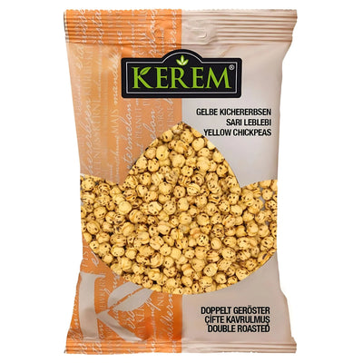 A 225g plastic pack of Kerem Yellow Chickpeas Double Roasted, with a leaf-shaped clear window. Packaging has German, Turkish, and English labeling; the protein-rich chickpeas are double roasted for extra crunch.