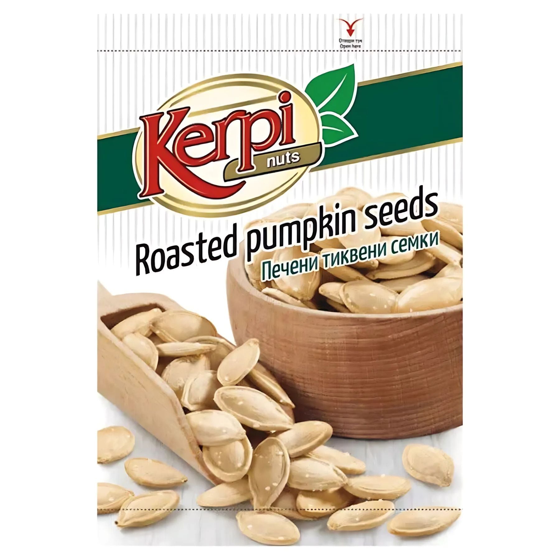 A 100g pack of Kerpi Roasted Pumpkin Seeds, a protein-packed healthy snack, features seeds spilling from a wooden scoop into a wooden bowl on the front label.