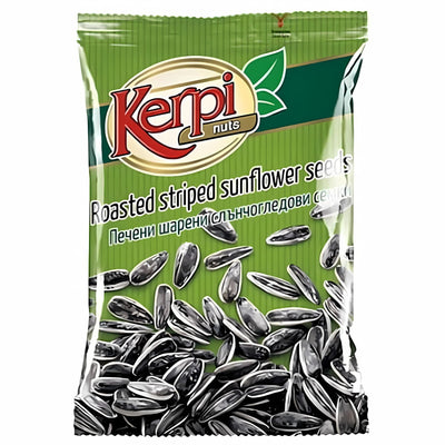 Kerpi - Roasted Striped Sunflower Seeds (80g) features bilingual English and [another language] labeling and an image of striped seeds on the front—an ideal crunchy snack for any time.