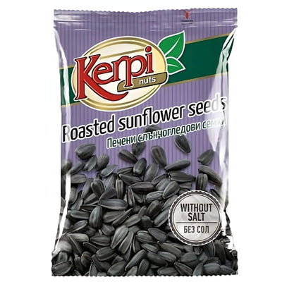 Kerpi - Roasted Sunflower Seeds Without Salt (90g) features black sunflower seeds and bilingual English-Bulgarian labeling, making it a healthy snack choice.