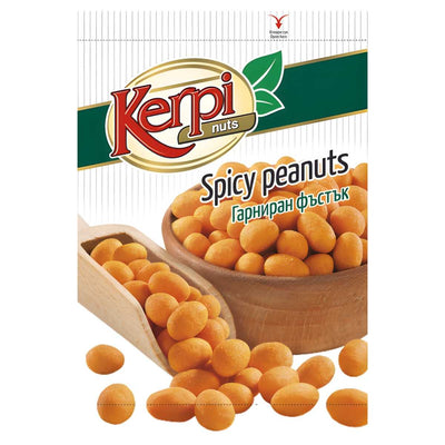 Kerpi Spicy Peanuts 150g—roasted peanuts for spicy snack lovers, featured in a bowl and wooden scoop on the front of the Kerpi packet.