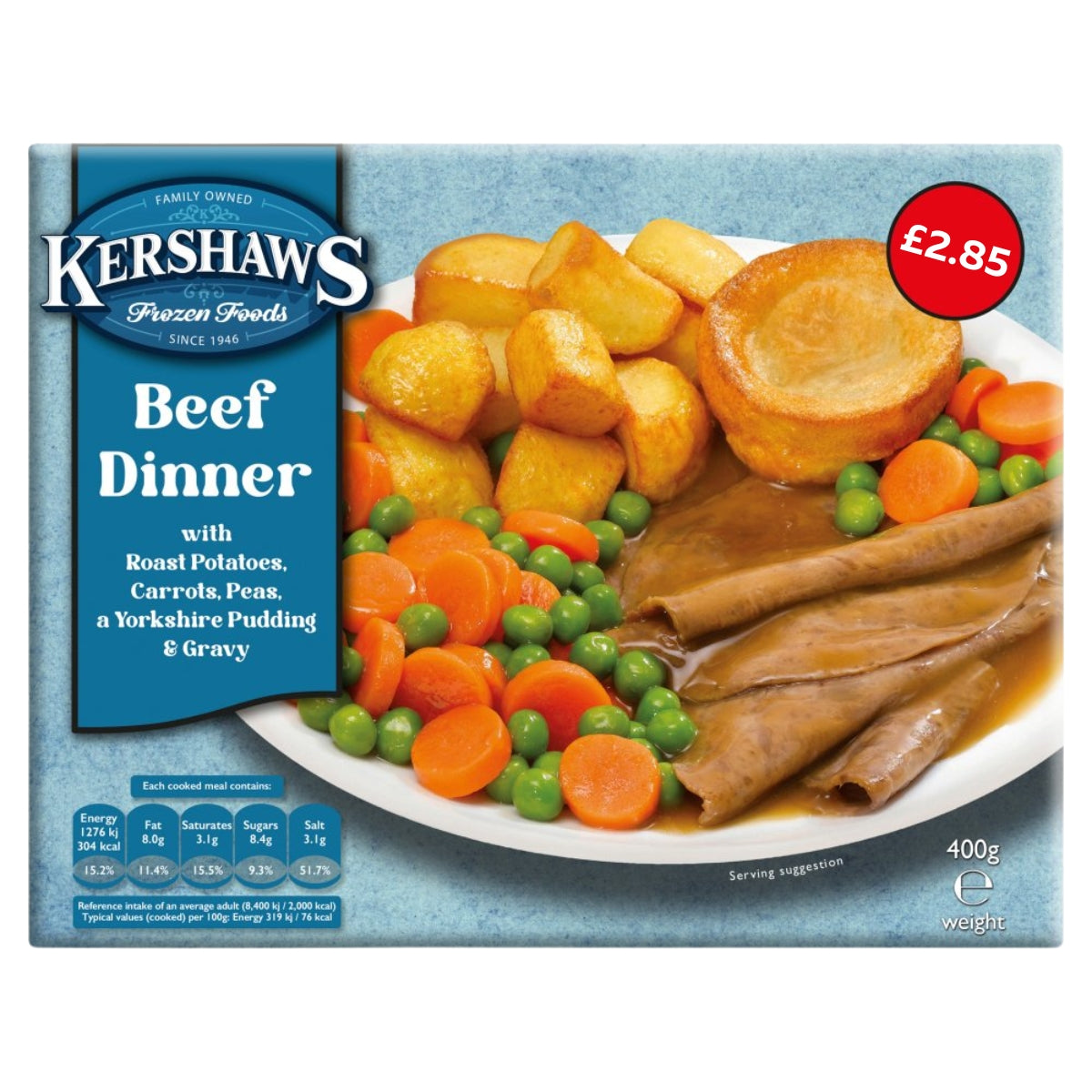 Box of Kershaws Beef Dinner - 400g by Kershaws, featuring roast beef, roast potatoes, Yorkshire pudding, carrots, peas, and gravy on a plate. Price marked £2.85.