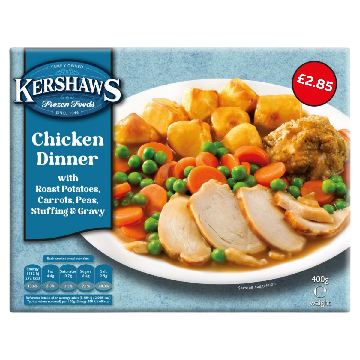 Kershaws Frozen Foods Chicken Dinner meal package, featuring a blue brand panel, product details, and a large photo of sliced turkey, roast potatoes, carrots, peas, and gravy on a plate. A red price sticker shows £2.