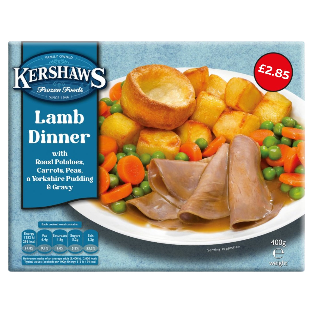 The packaging for Kershaws - Lamb Dinner - 400g features slices of lamb, roast potatoes, carrots, peas, Yorkshire pudding, a serving of gravy, and displays the brand name Kershaws along with a price label of £2.85.