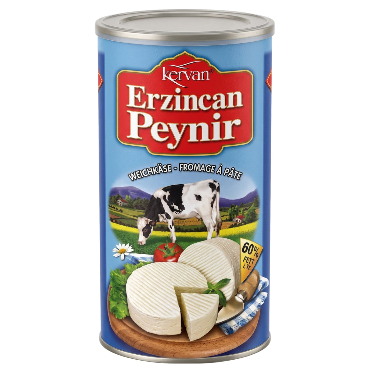 A cylindrical can of Kervan Erzincan Soft Cheese in Brine (60% Fat, Halal, 1500g) showcases a label with a cow, cheese wheels, tomatoes, and mountain scenery. This flavorful soft cheese from Kervan brings the authentic taste and tradition of Turkey to your table in every bite.