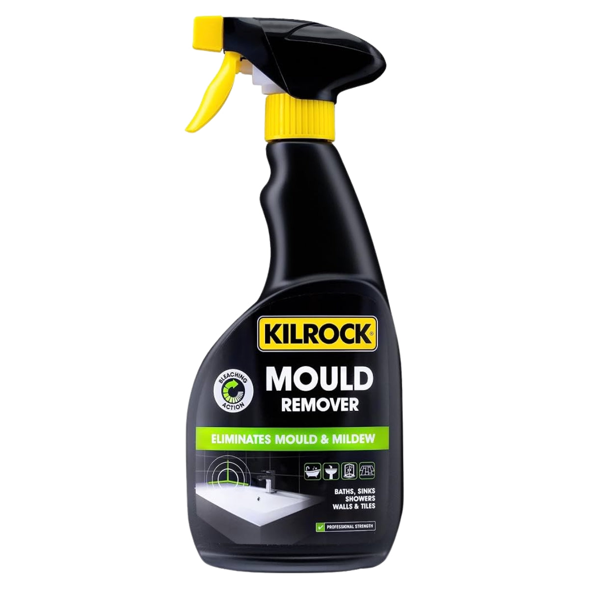 Kilrock - Mould Remover Spray - 500ml by kilrock comes in a black bottle with a yellow trigger and is specially formulated to eliminate mould and mildew on baths, sinks, showers, walls, and tiles. This powerful spray provides effective cleaning and long-lasting results.