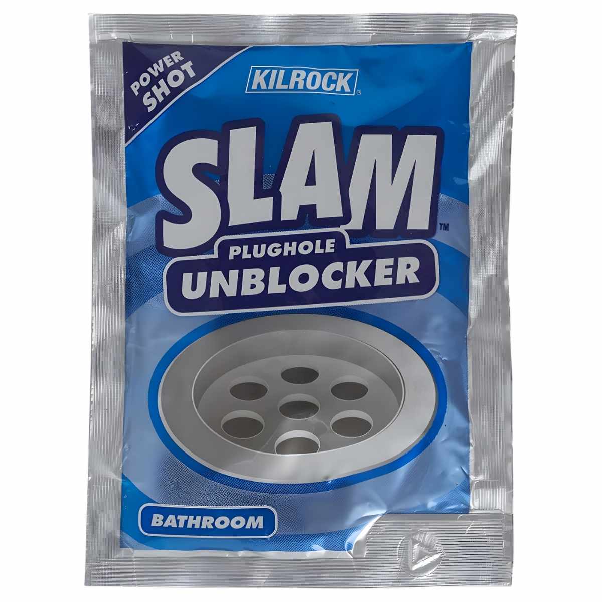 A sachet of kilrock Slam Plughole Bathroom Unblocker 80g, featuring a circular drain illustration on the front packaging.