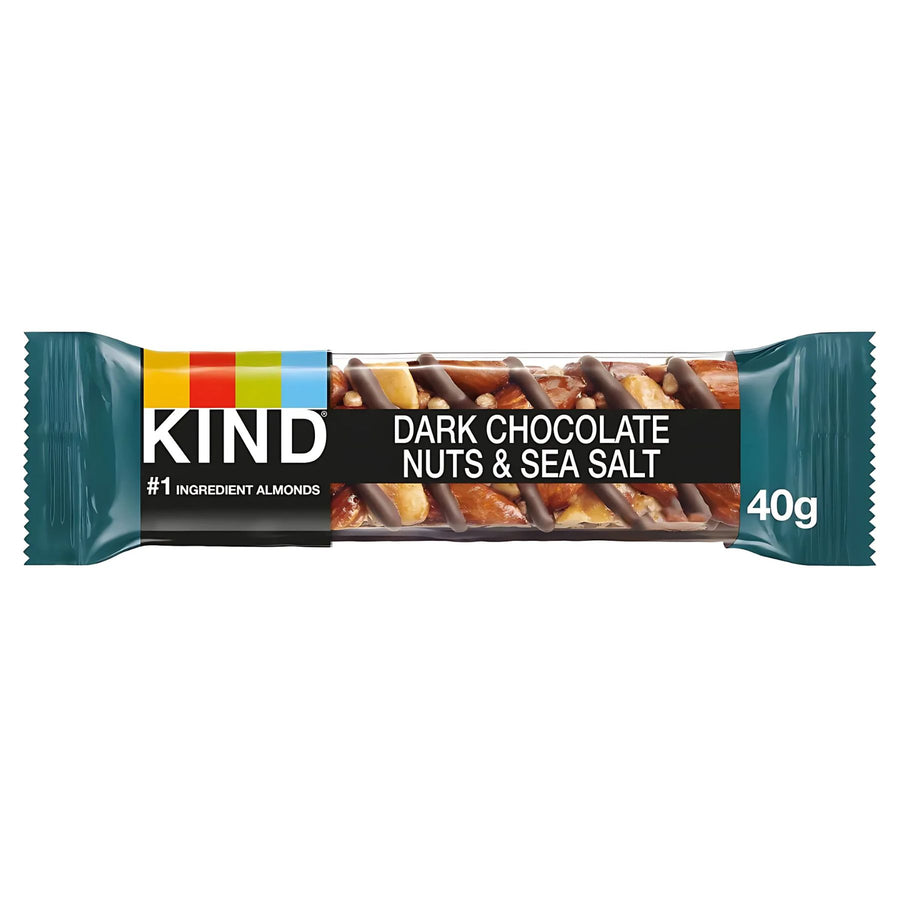 Kind - Dark Chocolate Nuts & Sea Salt Bar - 40g is a gluten free snack with almonds and chocolate drizzle, in teal packaging.