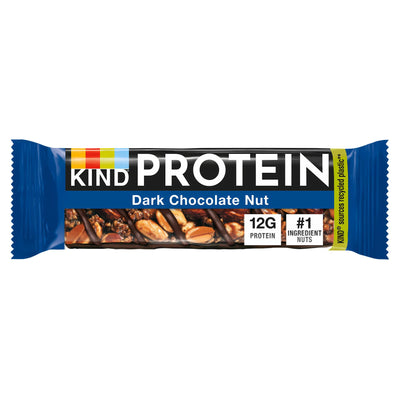 A Kind - Protein Dark Chocolate Nut - 50g bar, with blue packaging highlighting 12g protein and nuts as the #1 ingredient, displays images of dark chocolate and nuts on its wrapper.