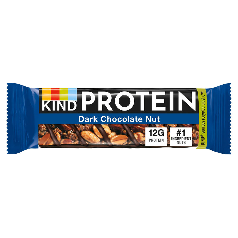 A Kind - Protein Dark Chocolate Nut - 50g bar, with blue packaging highlighting 12g protein and nuts as the #1 ingredient, displays images of dark chocolate and nuts on its wrapper.