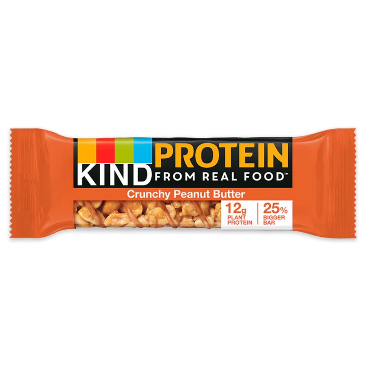 A Kind Protein bar with dark chocolate nut flavor, weighing 50g, features bright orange packaging and boasts 12g of plant protein along with a note about being a 25% larger bar.