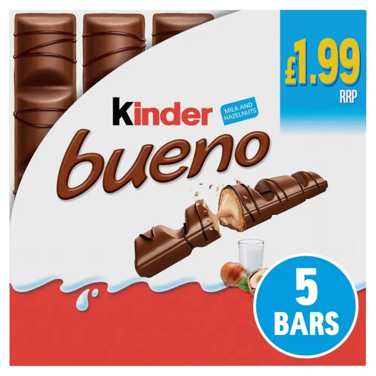 Kinder Bueno chocolate bars packaging with price and quantity information.