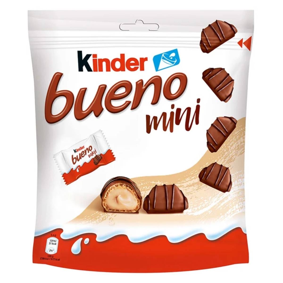 A 108g pack of Kinder - Bueno Mini Chocolate Pieces by Kinder, featuring the logo and images of individually wrapped and unwrapped mini hazelnut chocolates with creamy filling.