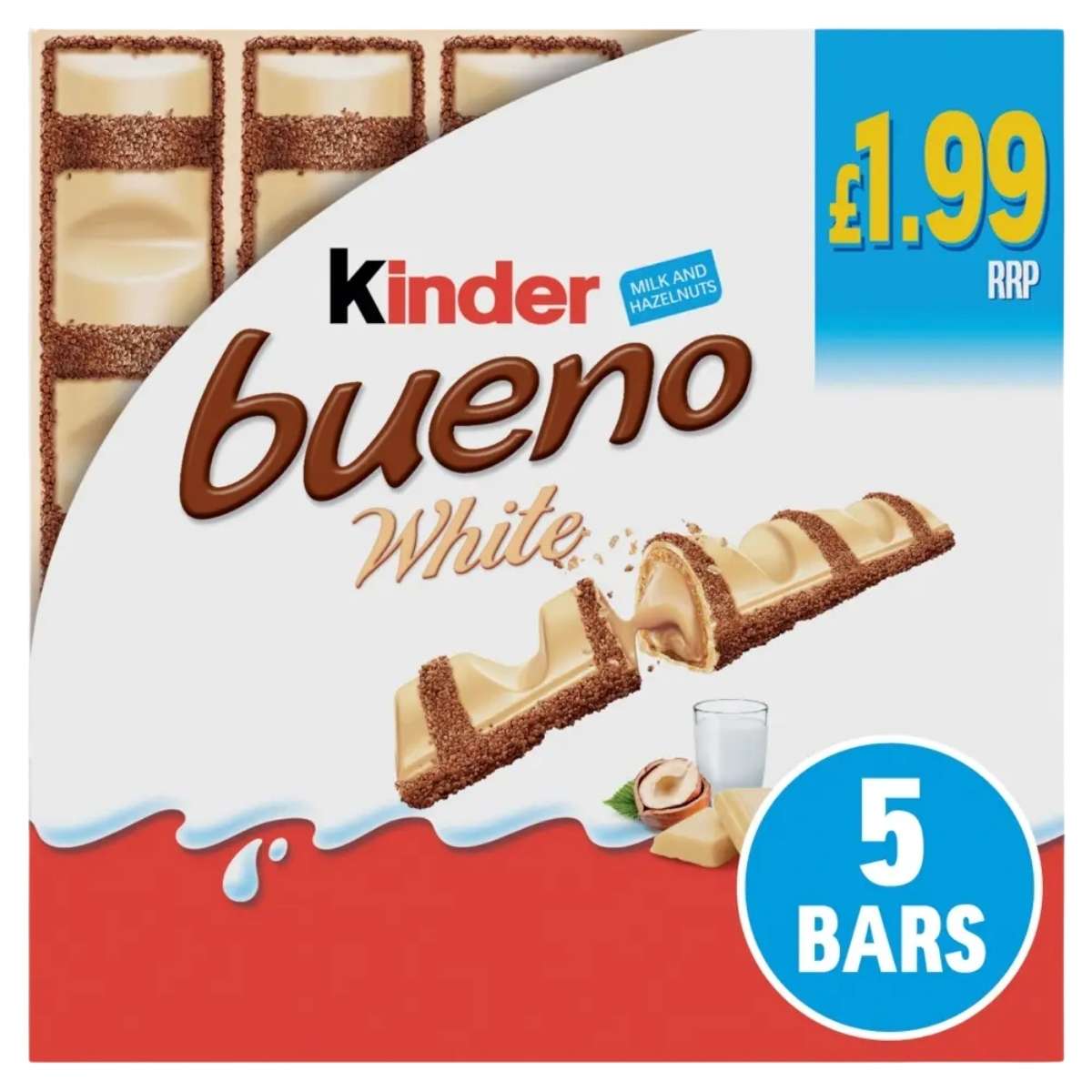 Kinder - Bueno White Chocolate Bars (5 Pieces, 97.5g) by Kinder, with packaging showing the bars, a hazelnut, glass of milk, and labels "5 bars" and "£1.99 RRP.