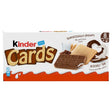 Kinder Cards Biscuit Wafers by Kinder feature 8 individually wrapped, thin vanilla and chocolate wafer biscuits with creamy cocoa filling in a 102.4g box, shown with a glass of milk and cocoa powder on the packaging.