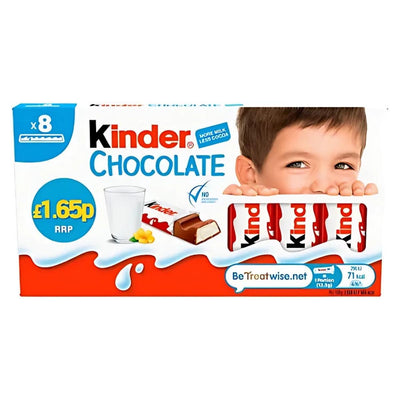 Kinder - Chocolate - 100g box contains 8 individually wrapped bars with creamy milky filling, featuring a child's face, glass of milk, and nutritional info on the front. Price: £1.65.