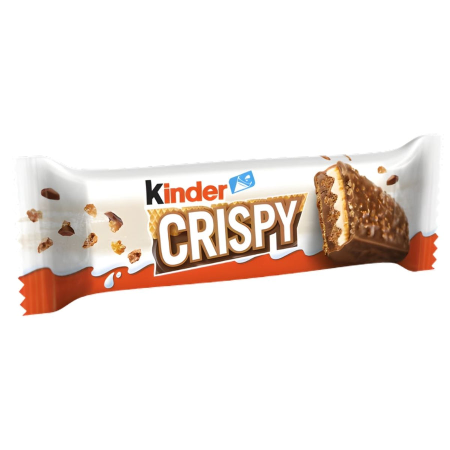 A wrapped Kinder - Crispy Chocolate Bar - 34g by Kinder, featuring an image of the milk chocolate wafer and its crispy coating on the packaging.