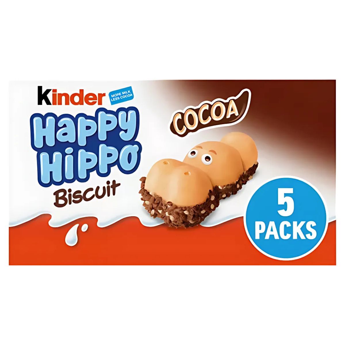 Kinder Happy Hippo Cocoa biscuit packaging with 5 packs on a white background