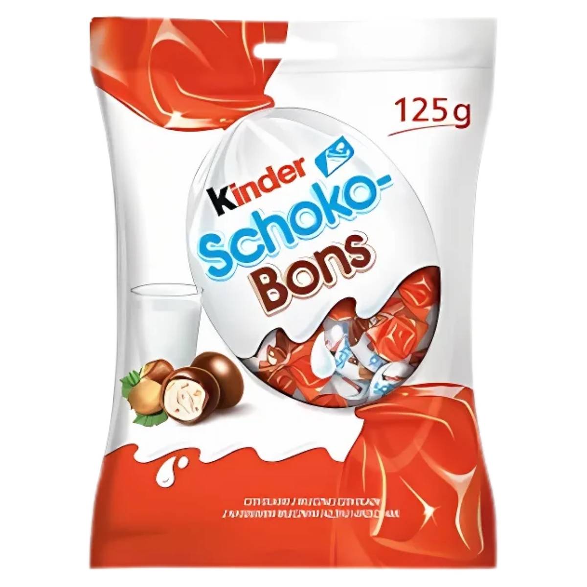 A 125g pack of Kinder - Schoko Bons Sweet, adorned with a chocolate and milk theme and displaying images of wrapped candies on the packaging.