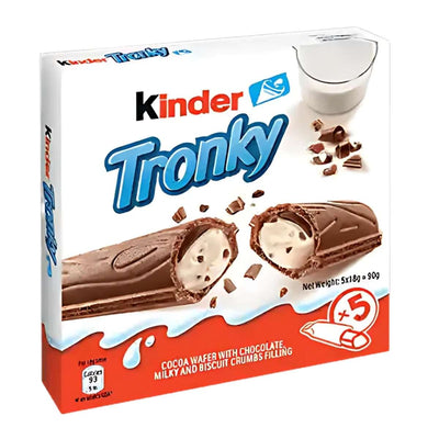 Box of Kinder Tronky Cocoa Wafer With Chocolate & Milky Filling (90g) by Kinder, shown with a bar broken open to display the creamy center and a "5 pack" label on the packaging.