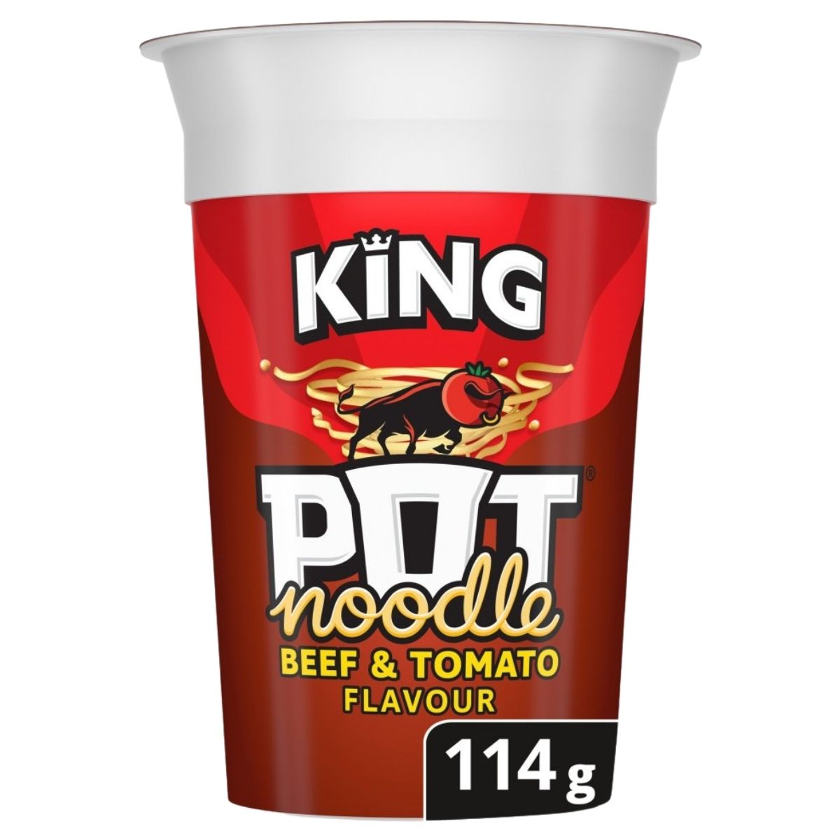 King Pot Noodle container with red and brown design on a white background
