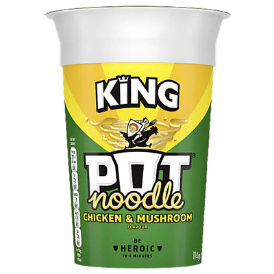 A 114g King Pot Noodle cup in Chicken and Mushroom flavor, with a green and yellow label displaying ingredient info on the side.