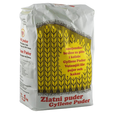 A 1kg bag of Klas Wheat Flour, featuring yellow and black wheat graphics and multilingual text—ideal for bread, pastries, and all your favorite recipes.