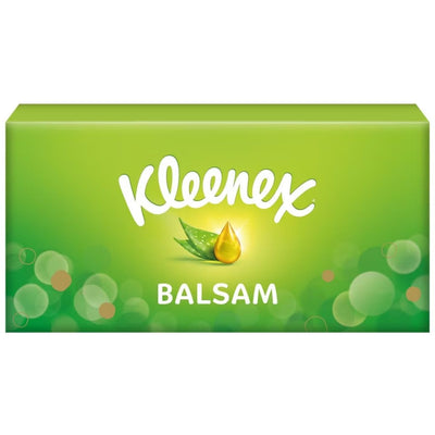 A rectangular green box of Kleenex - Balsam Tissues (64 tissues), featuring a leaf and droplet graphic and the Kleenex brand name in white text on the front.