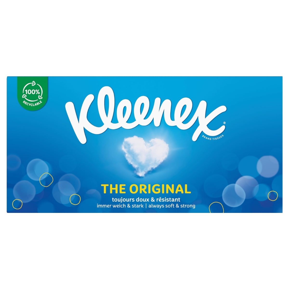 Box of Kleenex - The Original Tissues (72 tissues), featuring a blue background with a heart-shaped tissue design at the center and “THE ORIGINAL” displayed below the Kleenex brand name—ideal for gently soothing and caring for sensitive skin.