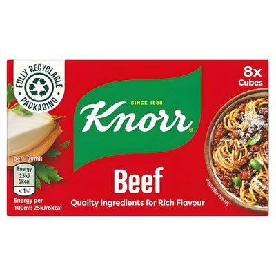 Knorr - Beef Stock Cubes - 80g box with 8 cubes, product info, a bowl of Spaghetti Bolognese, and a fully recyclable packaging label on a red background.