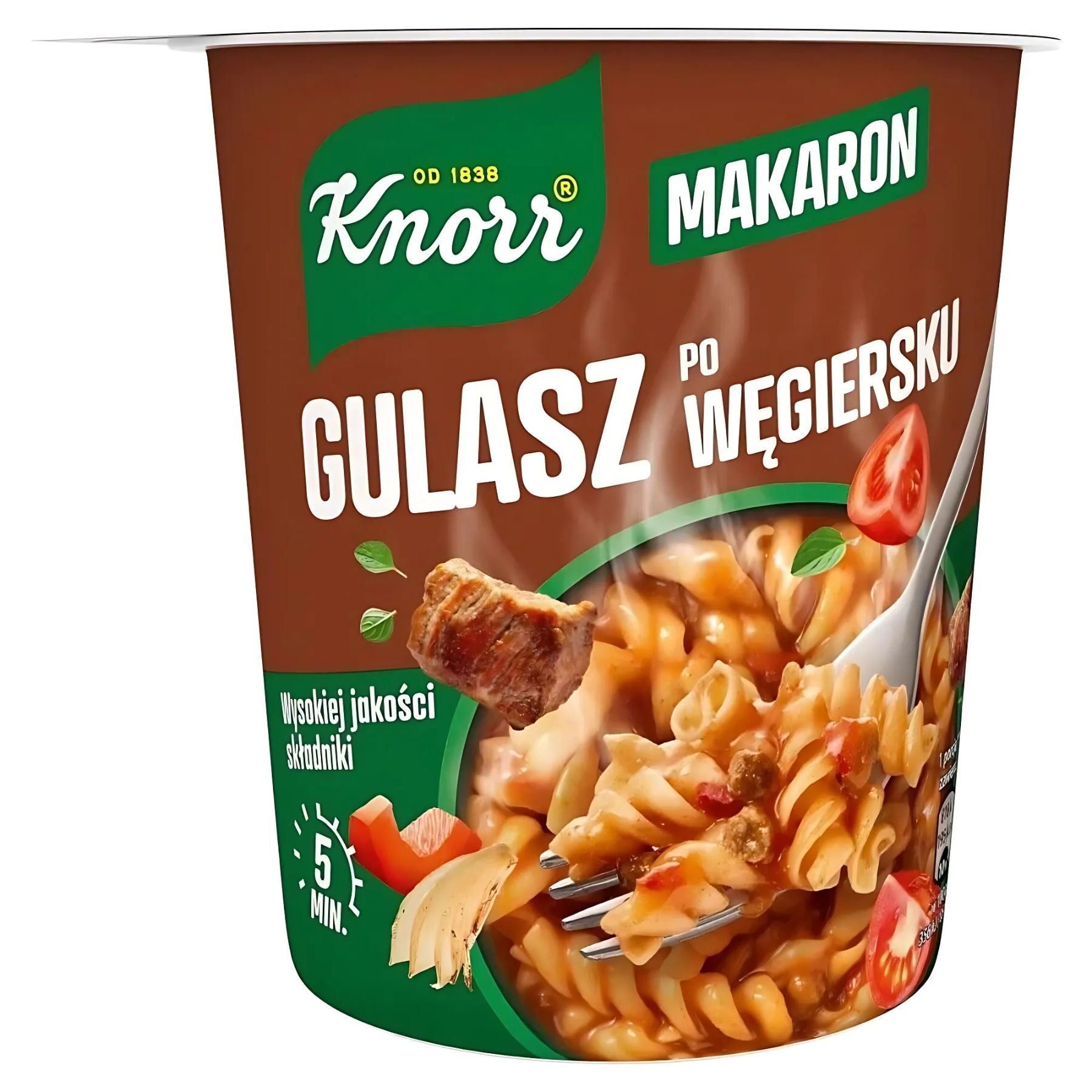 Enjoy a cup of Knorr - Instant Pasta with Goulash Sauce - 53g, featuring hearty pasta in a rich goulash sauce. With images of pasta, meat, and vegetables on the packaging, it's the perfect quick meal option.
