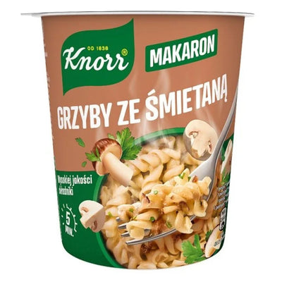 Enjoy Knorr - Instant Pasta with Mushroom Sauce (59g), featuring delicious pasta in creamy mushroom sauce—all in a convenient cup for an easy meal. Packaging shows cooked pasta, savory sauce, and a fork for added appeal.