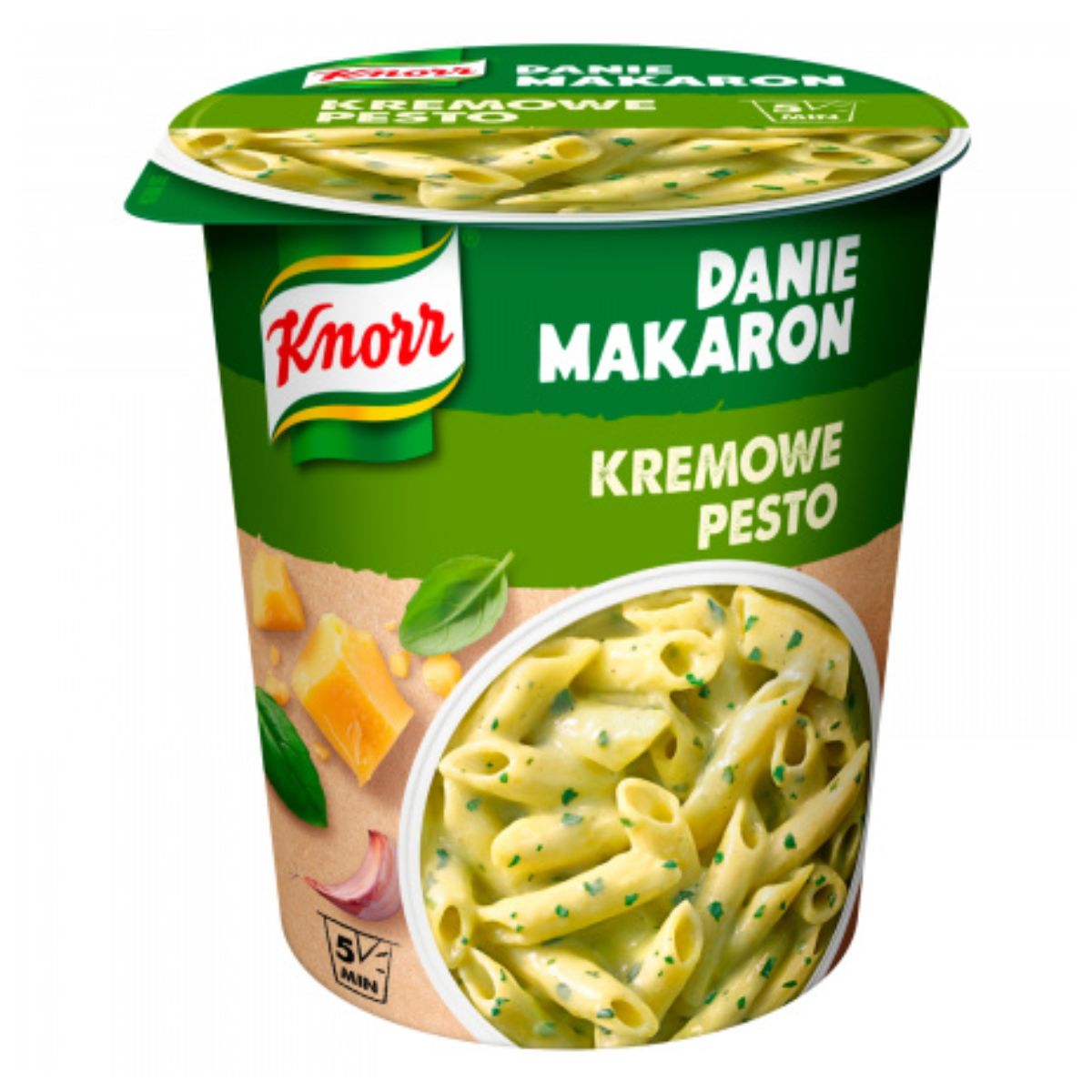 A green cup labeled "Knorr - Pot Instant Pasta Pesto - 66g" contains instant, creamy pesto pasta, featuring a tempting picture of the pasta and ingredients on the packaging.