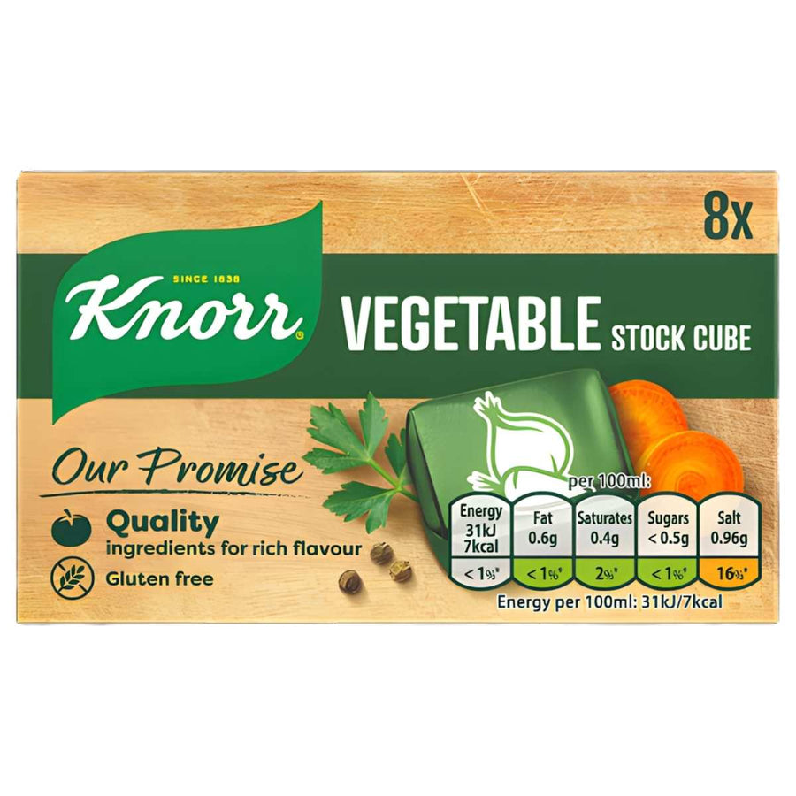 Knorr Vegetable Stock Cubes 80g, gluten-free and featuring nutritional info and vegetable images, are perfect for enhancing soups like butternut squash or deepening flavor in your favorite vegetable broth.