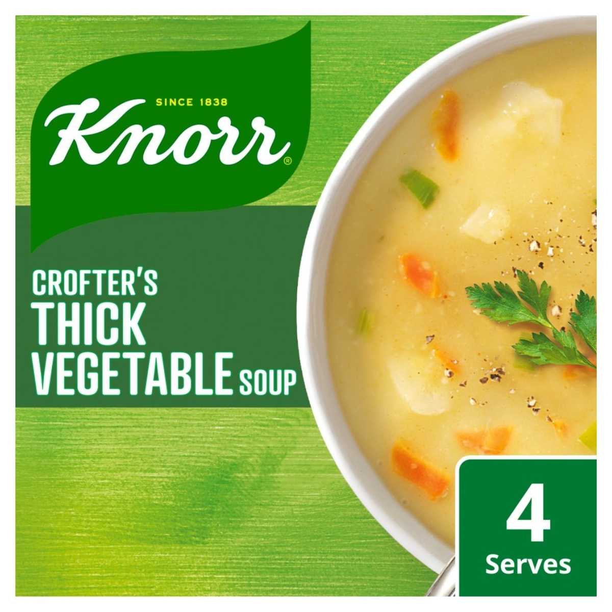 The Knorr - Thick Vegetable Dry Soup - 75G package depicts a bowl of creamy vegetable soup with herbs, carrots, and potatoes, designed for 4 servings.