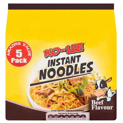 Ko-Lee Beef Flavour Instant Noodles 5 x 70g pack, featuring a cartoon cow and a bowl of cooked noodles on the packaging, is perfect for beef seasoning noodle fans.
