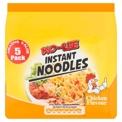 Front of a Ko-Lee - Chicken Flavour Instant Noodles - 5 x 70g pack, featuring images of noodles, chicken, and vegetables on a yellow background—ideal for quick meals.