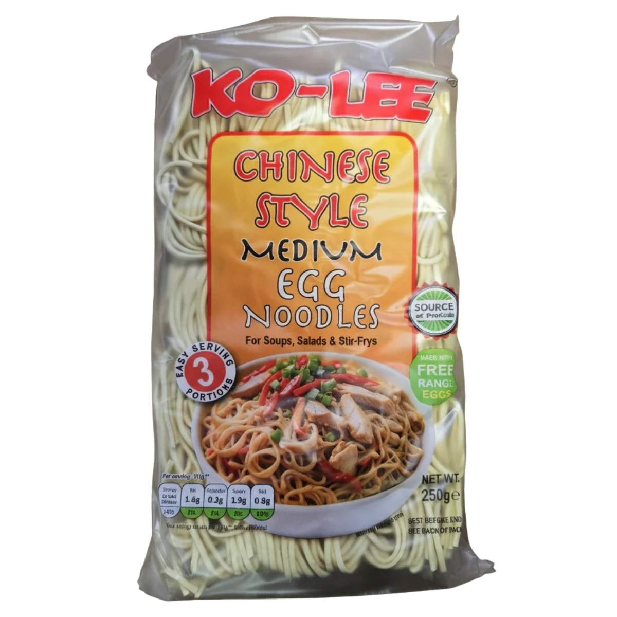 A packet of Ko-Lee Fine Egg Noodles, 250g, with the noodles and a serving suggestion featuring vegetables on the front.