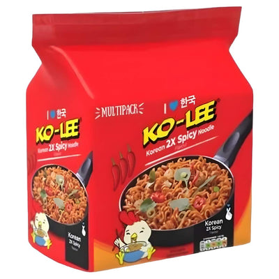 A red multipack of Ko-Lee Korean 2x Spicy Flavour Noodle (4 x 70g) features a bowl of Korean noodles, chili peppers, and a cartoon chicken holding noodles on the package.