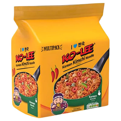 Ko-Lee Korean Kimchi Flavour Noodle 4 x 70g multipack features a yellow pack with cooked noodles in a bowl and a cartoon chef, offering authentic Korean noodle taste at home.