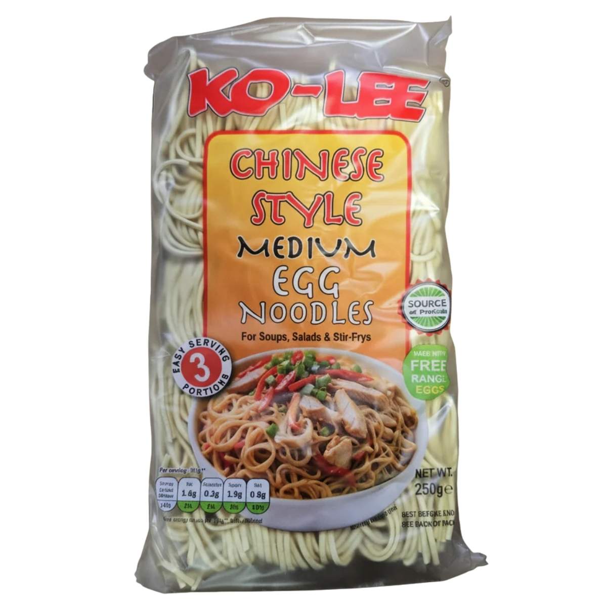 A 250g pack of Ko-Lee Medium Egg Noodles displays the Ko-Lee brand, serving suggestion, and nutritional info on the front, showcasing premium quality noodles for an authentic taste.