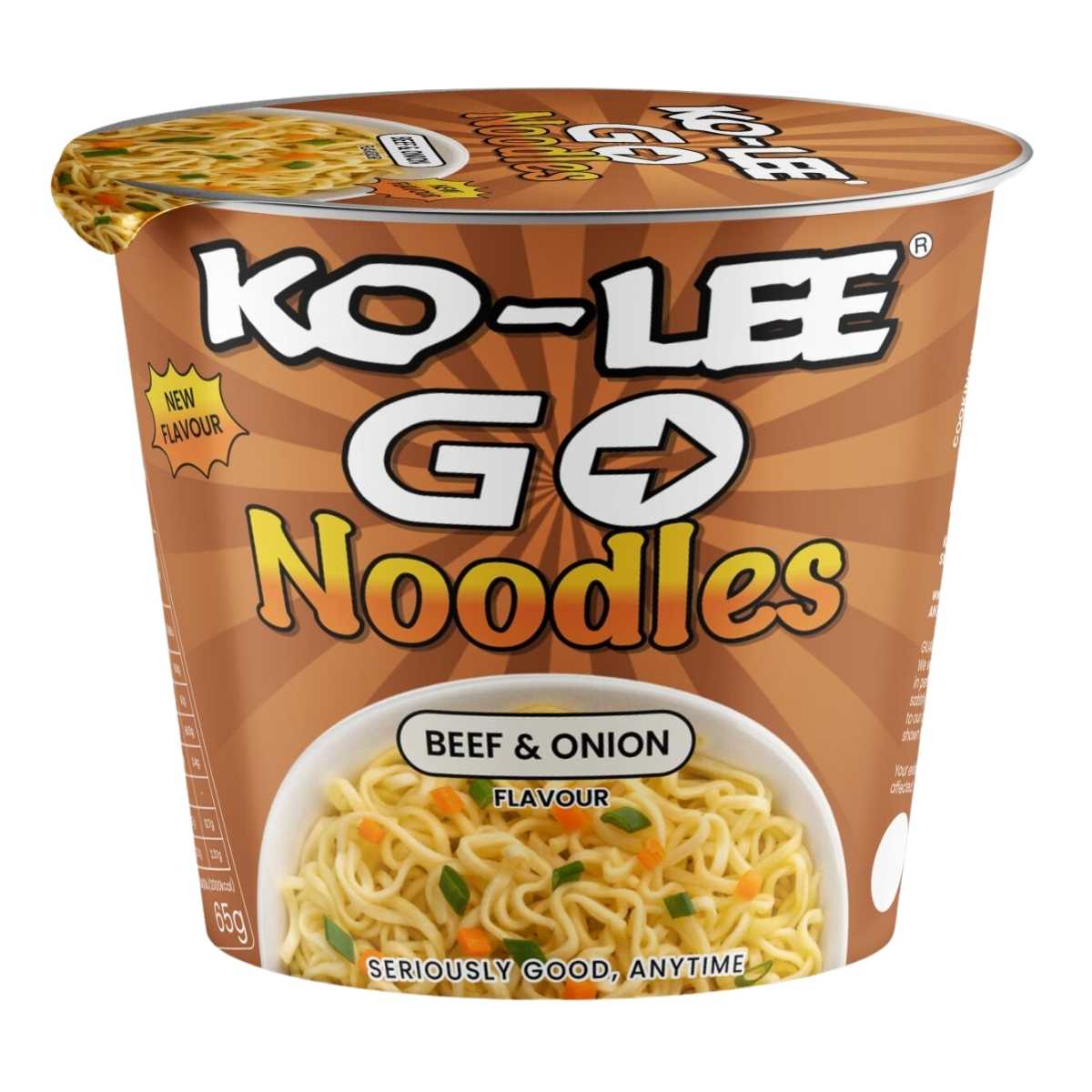 Ko-Lee Go Noodles - Beef & Onion Flavour - 65g provides a delicious snack. The brown packaging showcases an enticing noodle image on the front, making it a perfect choice for a quick meal fix.