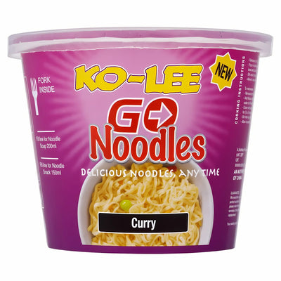 A 65g Ko-Lee Go Noodles - Curry Flavour cup with a purple label and an image of instant noodles on the front.