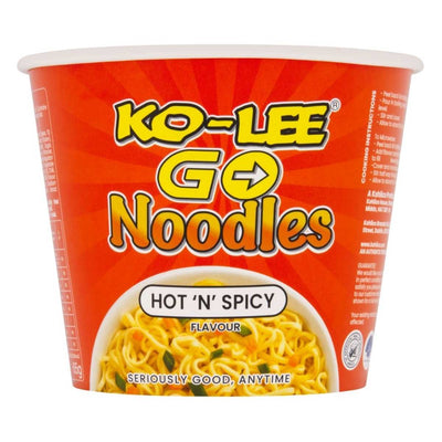 A red Ko-Lee Go Noodles cup (65g, Hot & Spicy Flavour) features yellow Thai noodles on the front and product details printed on the side.