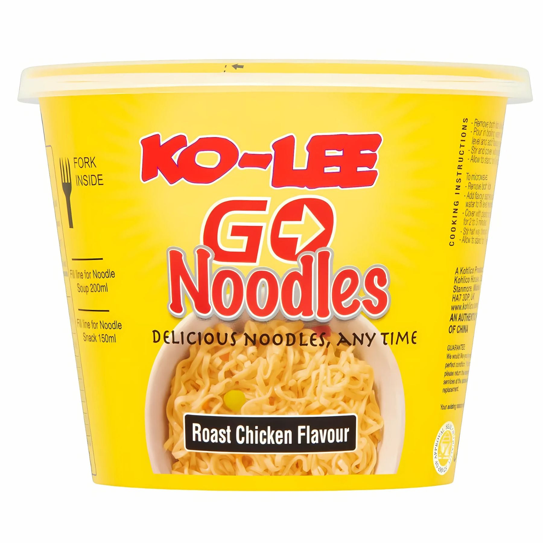 A yellow container of Ko-Lee Go Noodles - Roast Chicken Flavour (65g) featuring an image of instant noodles on the front and text stating a fork is included inside.