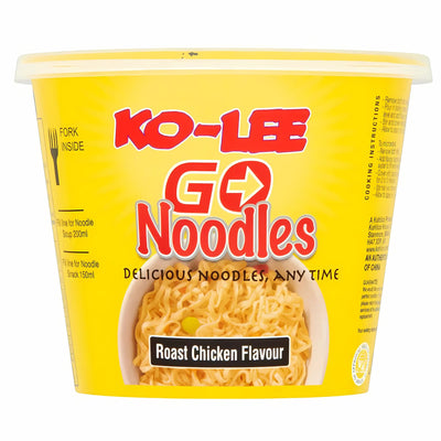 A yellow container of Ko-Lee Go Noodles - Roast Chicken Flavour (65g) featuring an image of instant noodles on the front and text stating a fork is included inside.