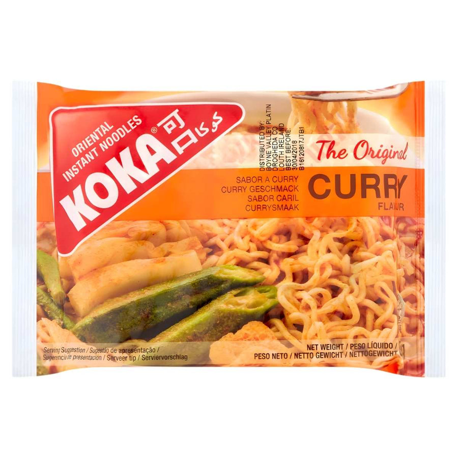 Koka Curry Flavour Instant Noodles (85g) feature classic Asian curry noodles with vegetables pictured on the orange and white packaging.