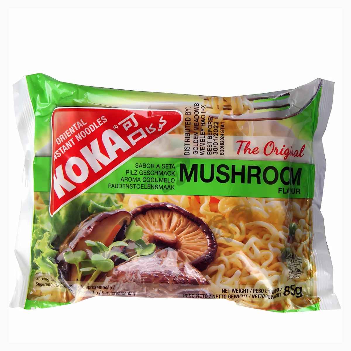 Savor the umami of Koka - Mushroom Flavour Noodles, 85g. The packaging showcases a lively image of noodles and mushrooms, ideal for noodle lovers wanting a fast, tasty meal.