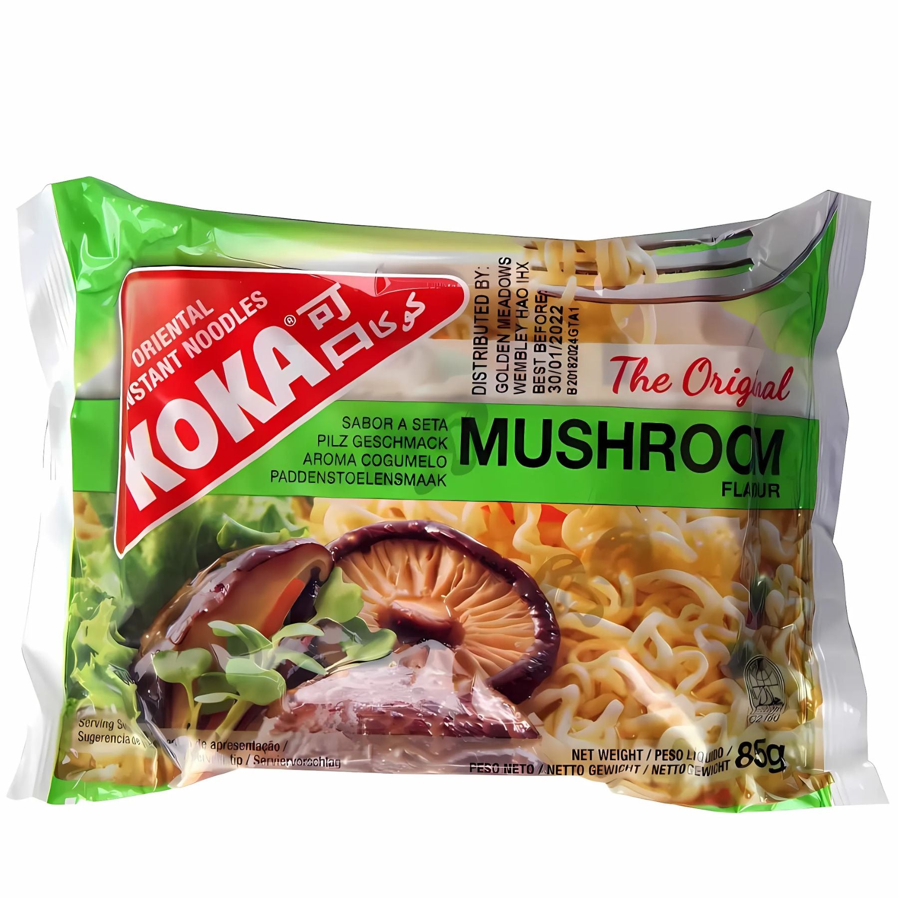 Koka - Mushroom Flavour Noodles - 85g features images of mushroom noodles on the packaging, with text in multiple languages to showcase these delicious instant noodles.